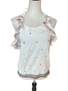 NWT-Banjara Boho Chic 100% Cotton White Embroidered Ruffle Sleeve Tank Top